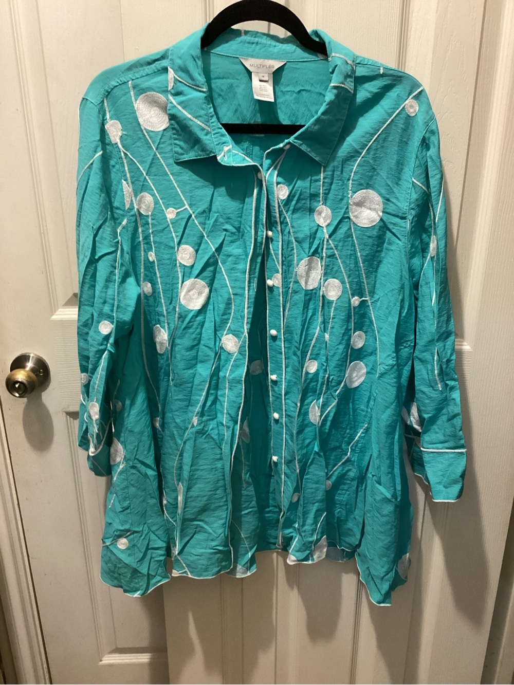 Multiples Teal Button-Front Shirt with Silver Trim